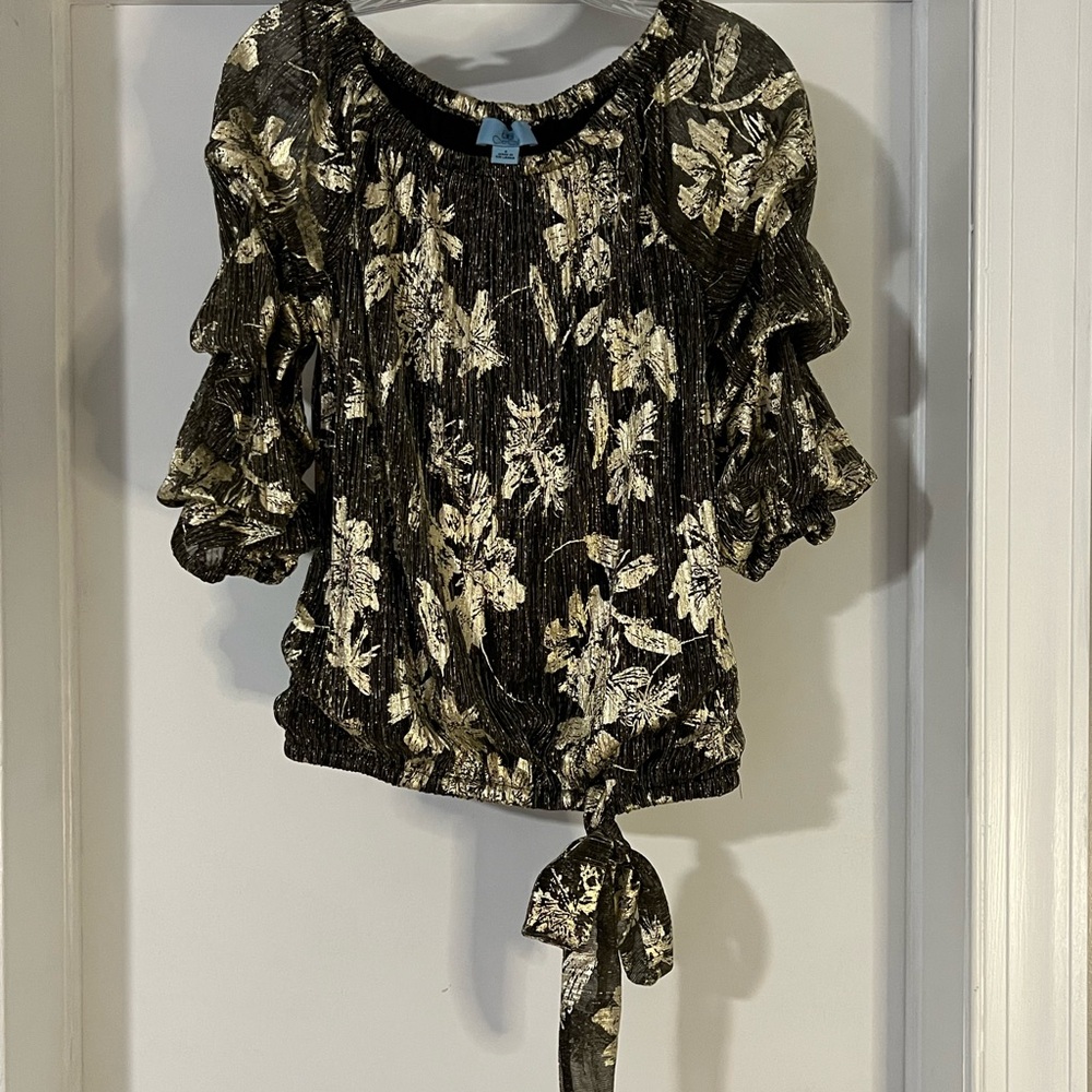 NWT CeCe Womens Floral Ruffle Sleeve Blouse Sz S  Gold & Brown Flowy Office